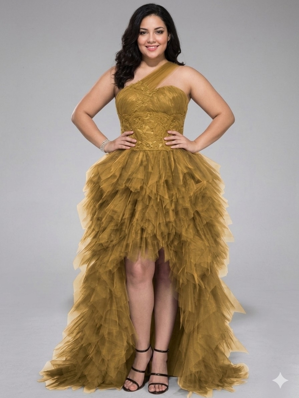 New Plus Size Elegant One-Shoulder High-Low Tulle  Dress in Gold 22 formal 2x